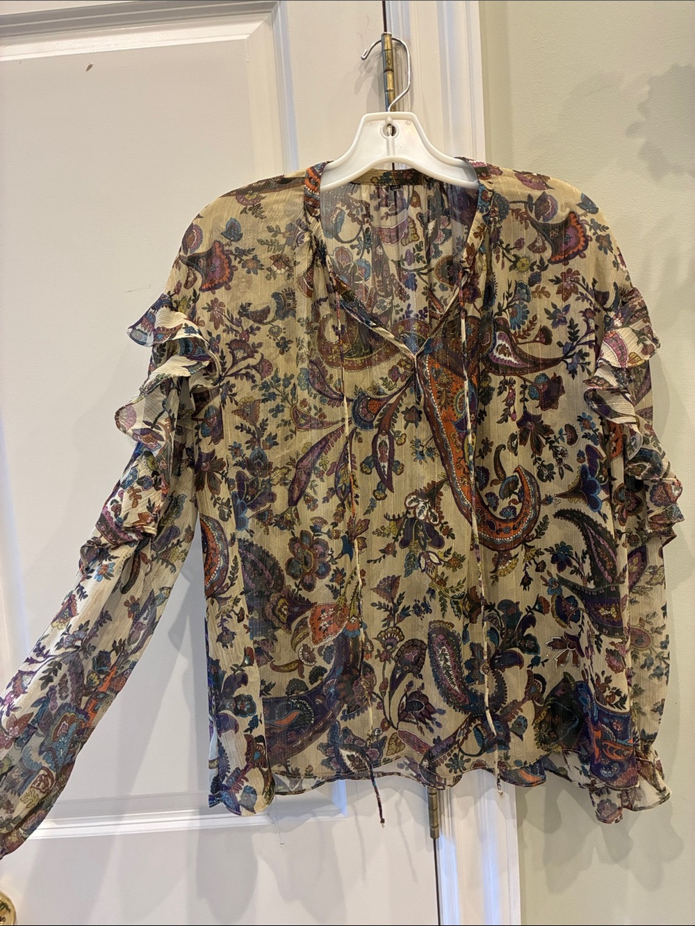 Zara Beige Paisley Ruffle-Sleeve Sheer Blouse